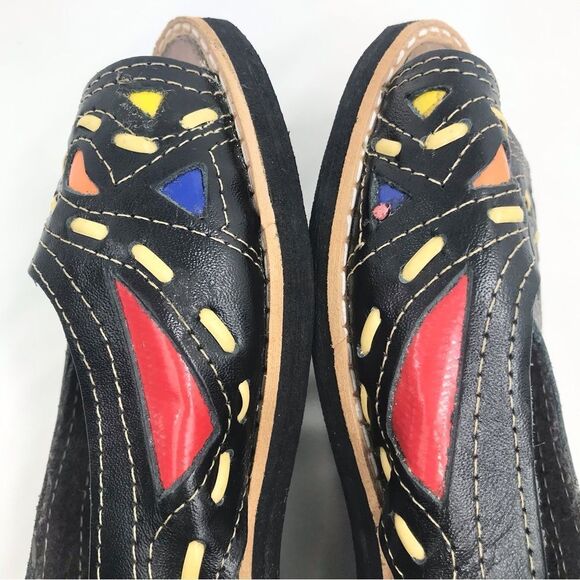 Maria Bonita Black Leather Colorful Stitch Inlay Slingback Open Toe Flat Sandals - Picture 7 of 16